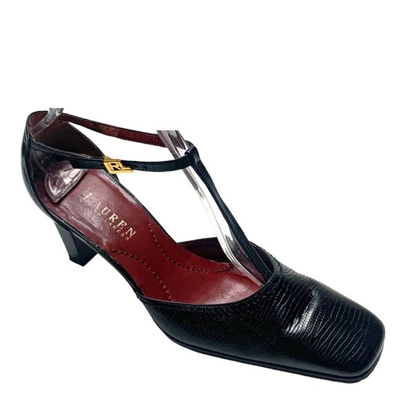 LAUREN Ralph Lauren Reptile Embossed Leather T-Strap Heels - Picture 6 of 11